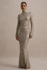 Galaxy | Champagne Sequin Turtle-Neck Long-Sleeve Maxi Dress