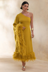 Destiny | Yellow Satin Asymmetric-Neck Midi Dress With Feather Details