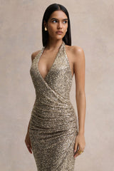 Gio | Champagne Sequin Plunge-Neck Wrap Maxi Dress With Ruched Detailing