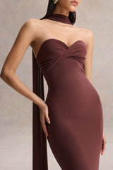 Sheila | Dark Brown Bandeau Maxi Dress With Scarf Detail
