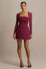 Bijou | Burgundy Square-Neck Lace Long-Sleeve Mini Dress