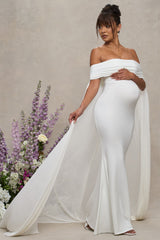 Carlotta | White Bardot Maternity Maxi Dress With Chiffon Cape