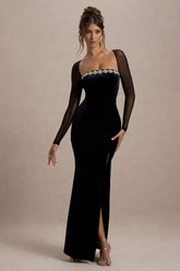 Ashby | Black Velvet Embellished Square-Neck Split Maxi Dress
