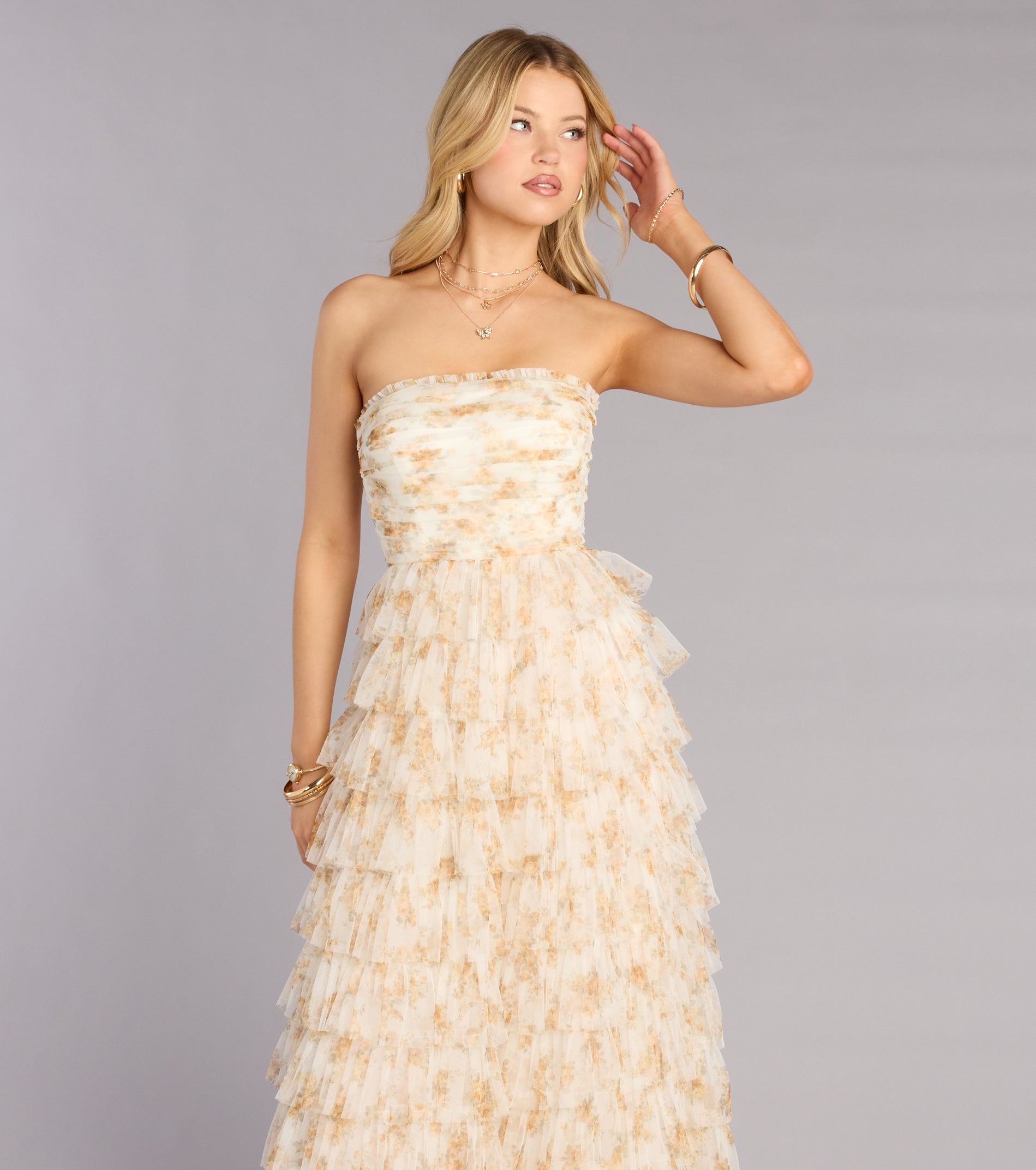 Milena Floral Mesh Ruffle A-Line Gown