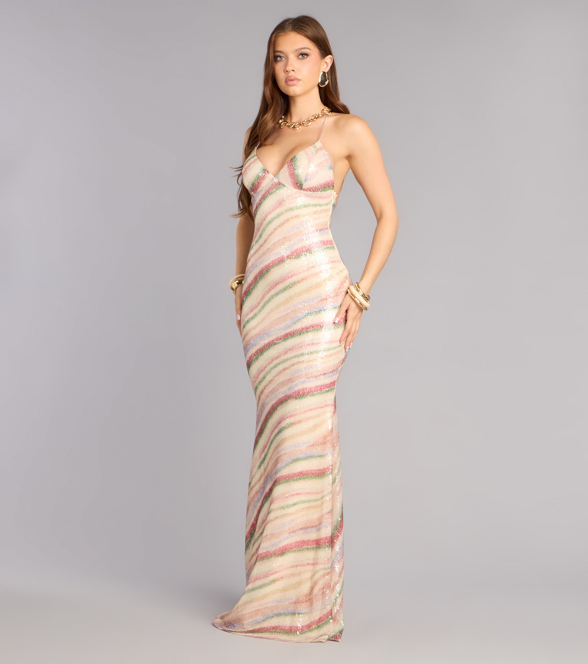 Janella Sequin Striped Formal Dress