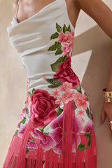 Bejewelled | Cream and Pink Floral Cowl-Neck Maxi Dress With Fringe Hem