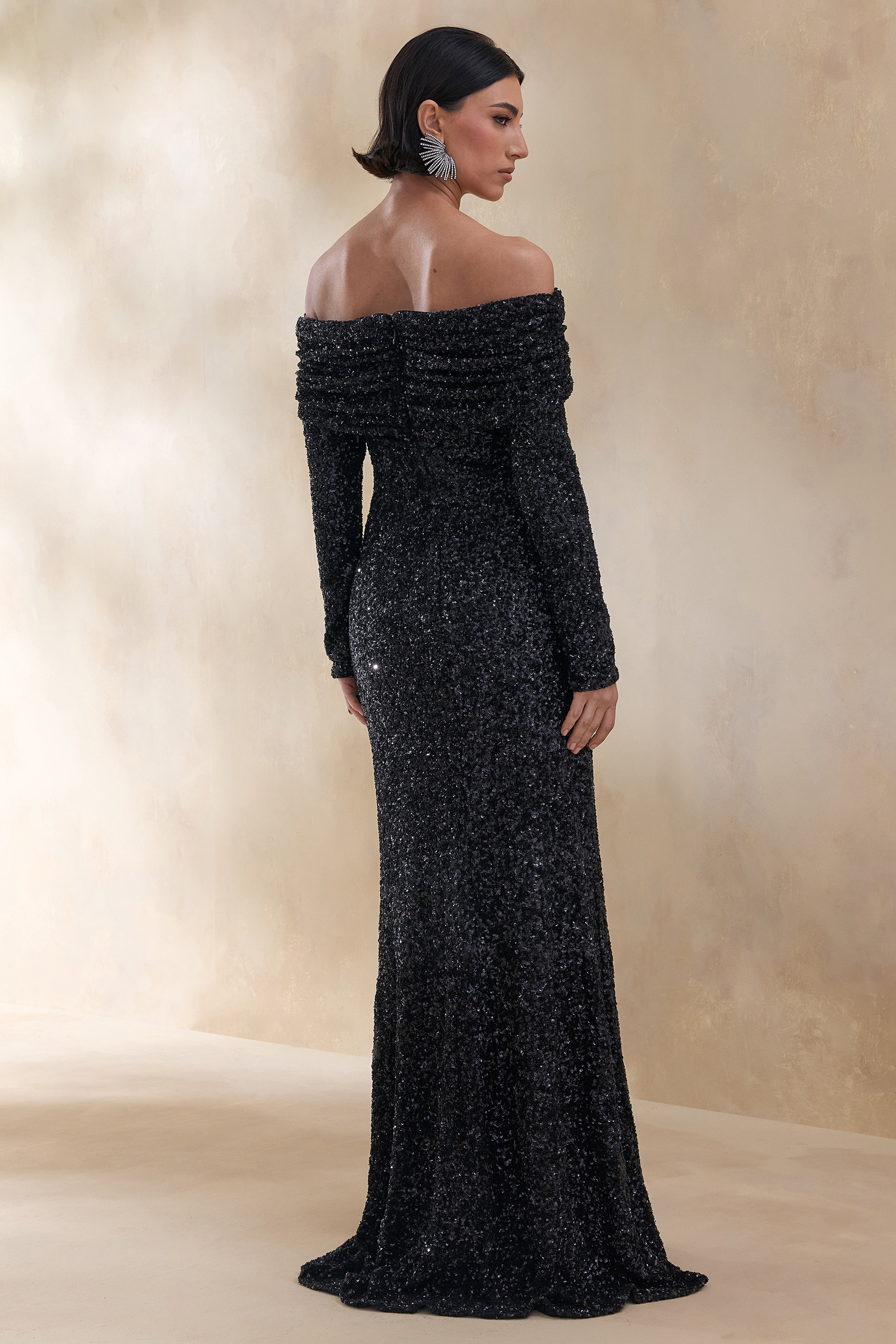 Obsession | Black Sequin Bardot-Neck Maxi Dress With Long Sleeves