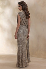 Liori | Champagne Sequin Asymmetric-Neck Maxi Dress With Sash