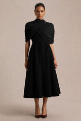 Thalia | Black High-Neck Midi Dress With Sheer Mesh Cape