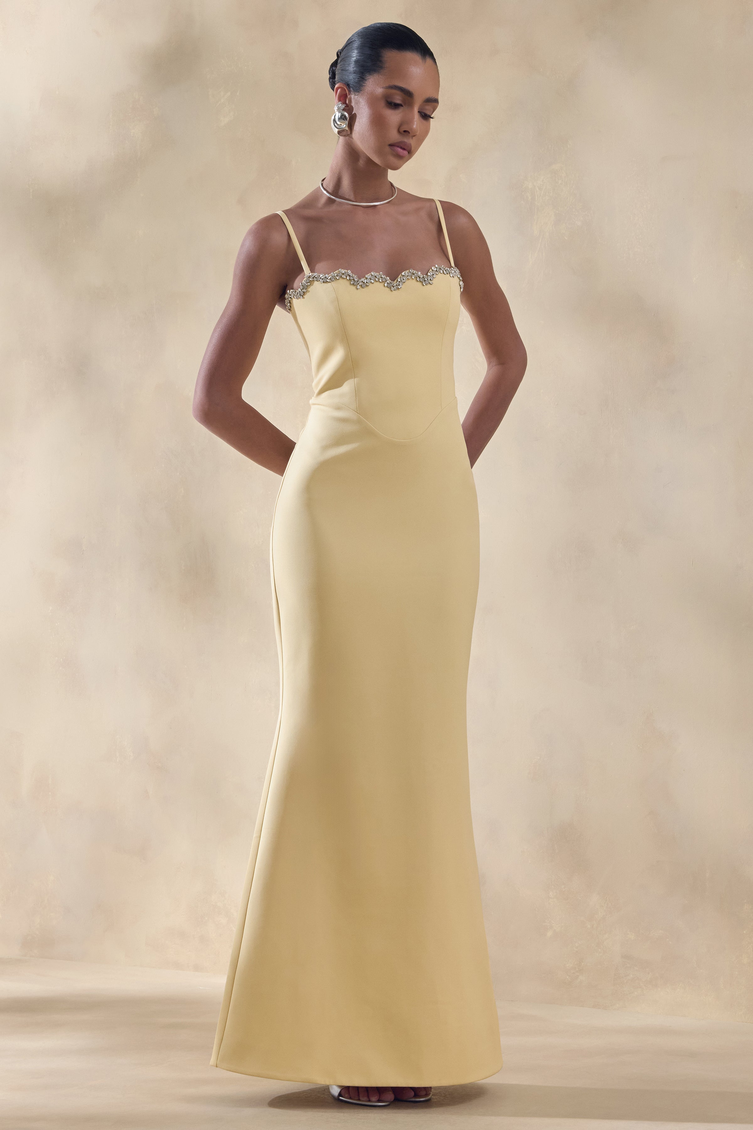 Story | Lemon Scalloped Sweetheart-Neck Maxi Dress With Embellished-Detailing