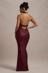 On The Rise | Berry Sequin High-Neck Strappy-Back Split Maxi Dress