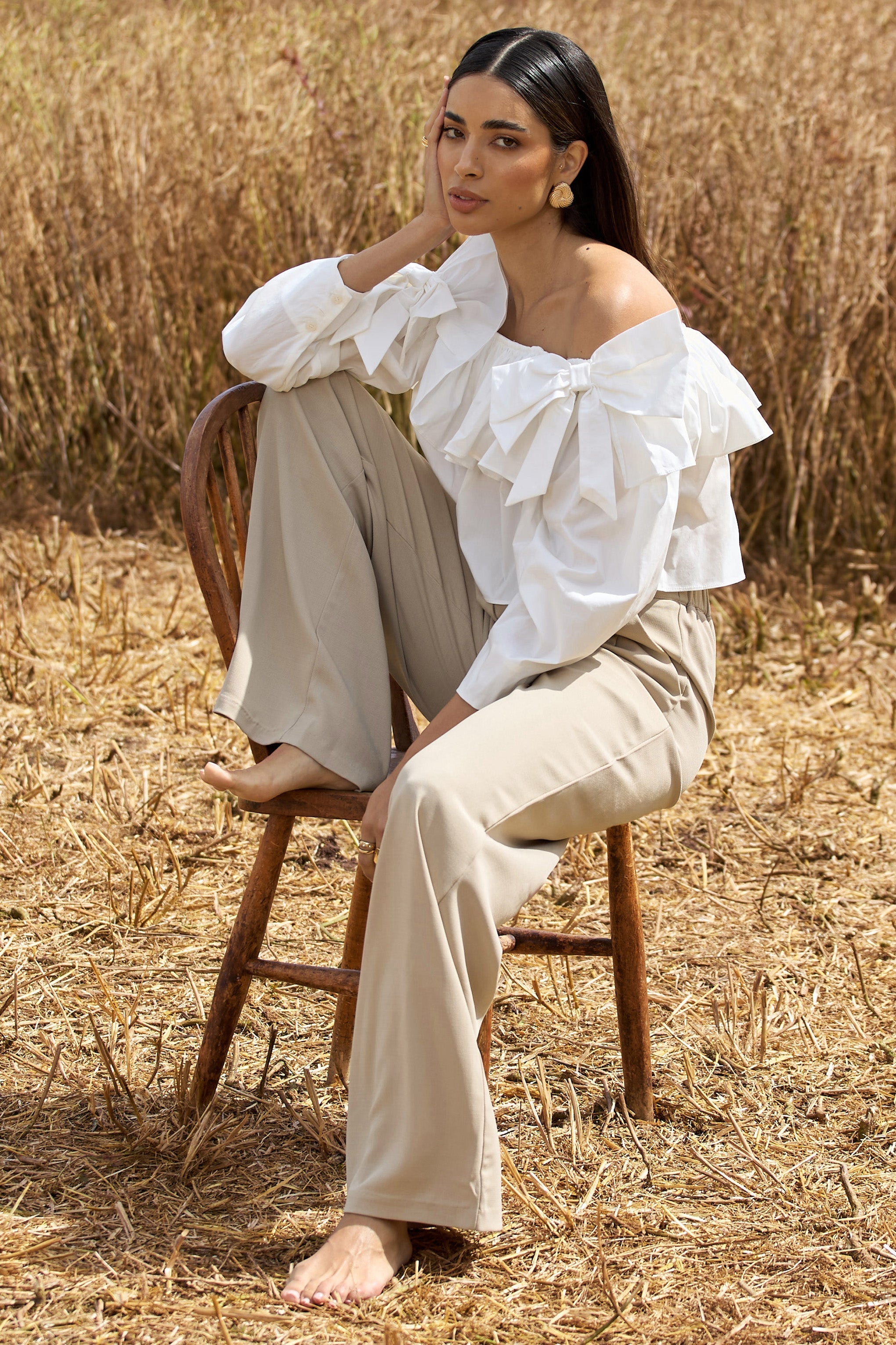 Cove | White Bardot Puff-Sleeve Ruffle Top With Bows