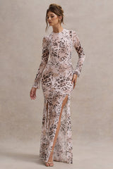 Tigerlily | Leopard Print Mesh Long-Sleeve Open-Back Maxi Dress