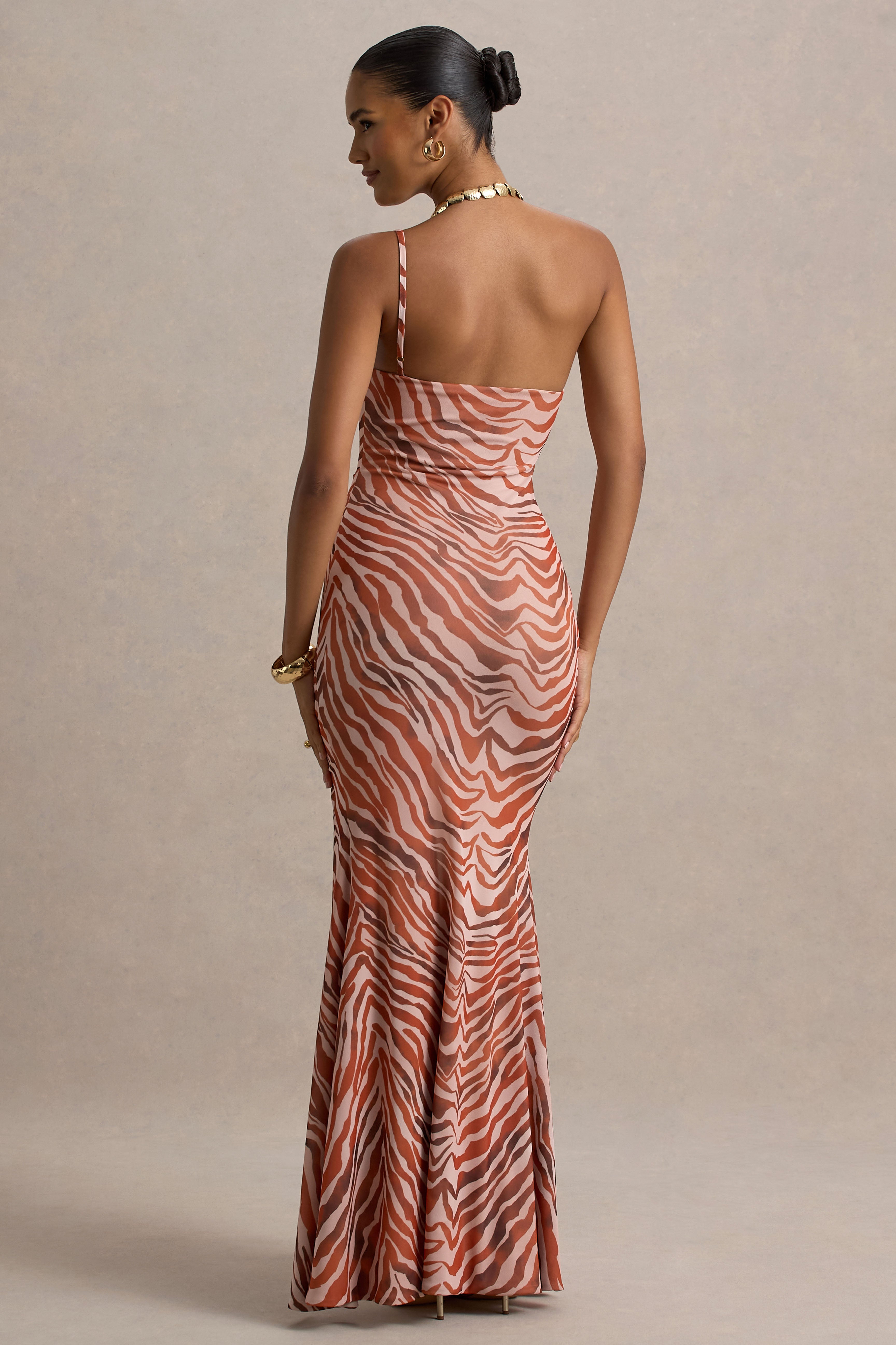 Florica | Zebra Print Mesh Asymmetric Maxi Dress With Split